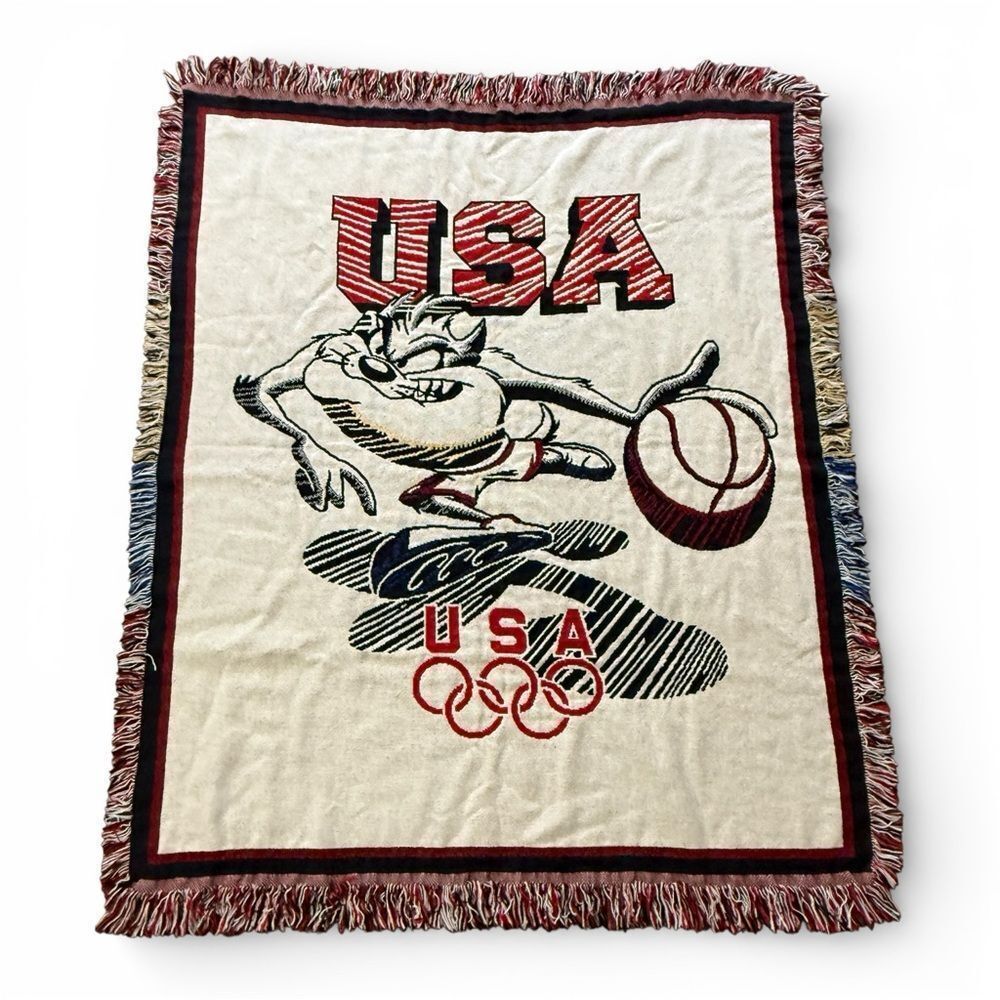 Vintage 1995 Looney Tunes Taz USA Olympics Basketball Throw Blanket Collectible